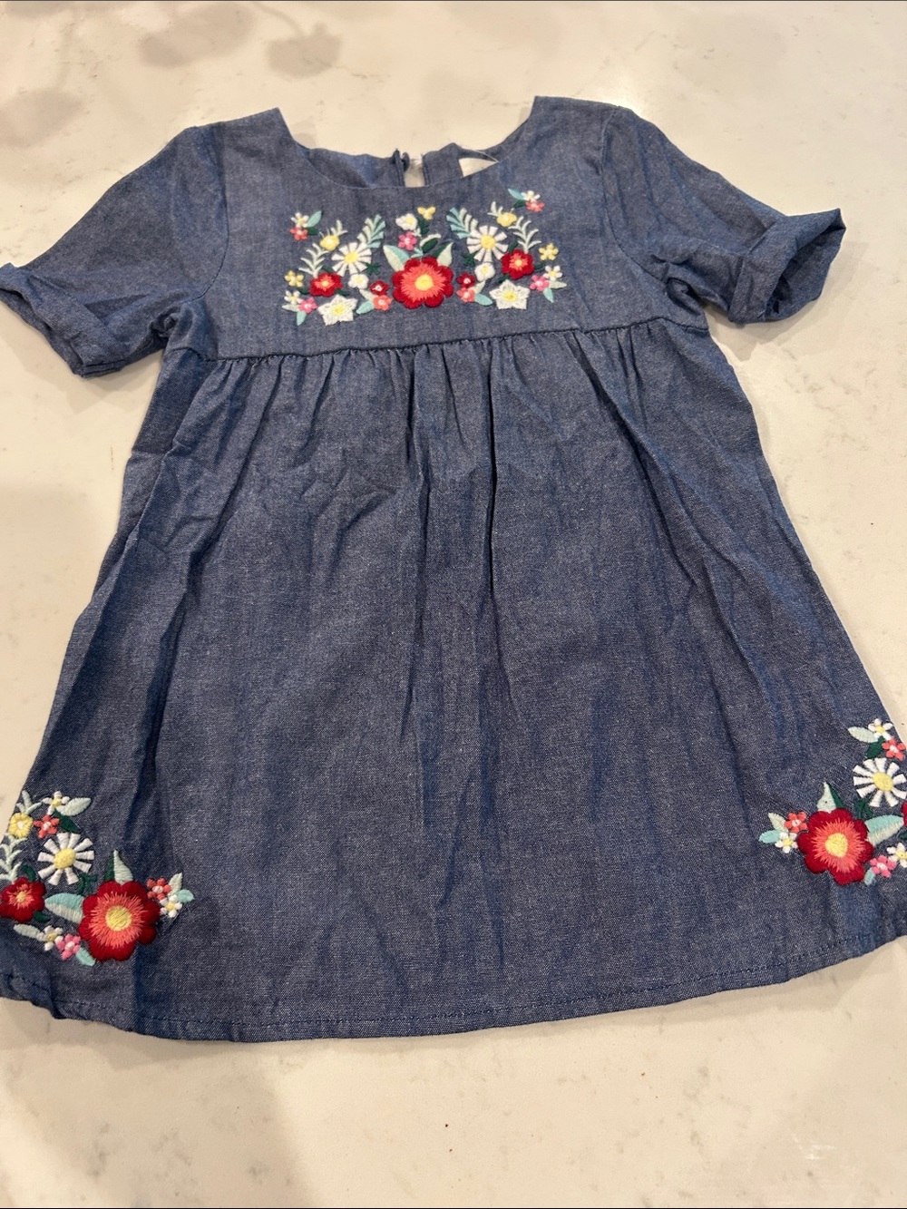 Girls' Blue Chambray Embroidered Floral Dress